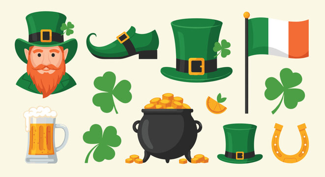 St. Patricks Day themed collection features a leprechaun, shamrocks, pot of gold, green hats, and an Irish flag for celebration.