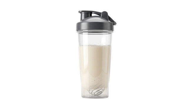 Protein shaker bottle with vanilla whey supplement, plastic fitness mixer for sports nutrition, gym drink container with mixing ball isolated PNG with Transparent Background