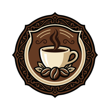 Ornate coffee cup emblem with steam and beans.