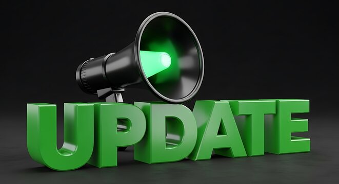 Green megaphone with 3d update text on black