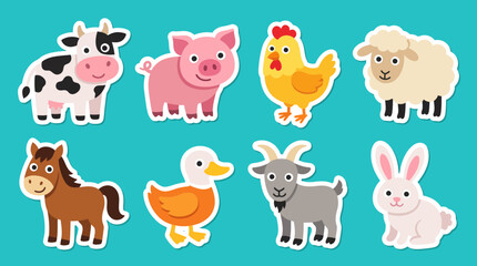 Obraz premium Colorful vector illustration featuring a collection of cute farm animal stickers including a cow pig chicken sheep horse duck goat