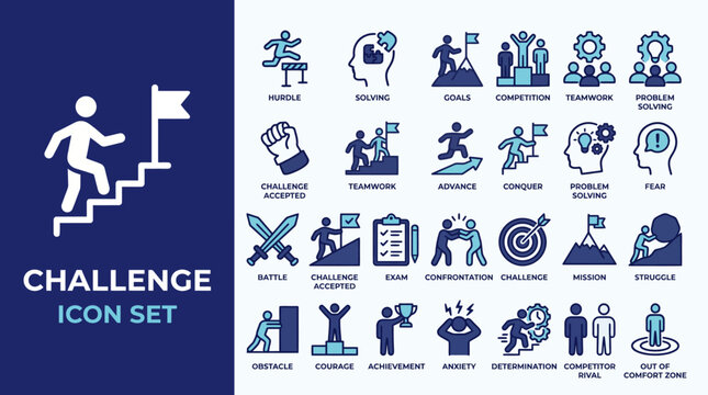 Challenge icon set with goals, obstacles, competition, hurdle, issue, overcome, resolve, rivalry, success, problem solving symbols. clean vector icons for apps, web, business design.