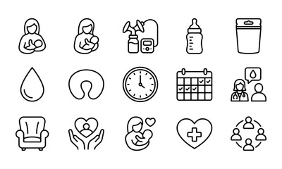 Fototapeta premium Breastfeeding line icon set with breast pump nursing pillow lactation schedule for feeding app