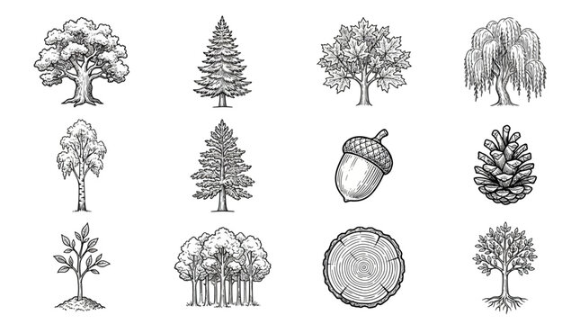 Various types of trees and acorn.