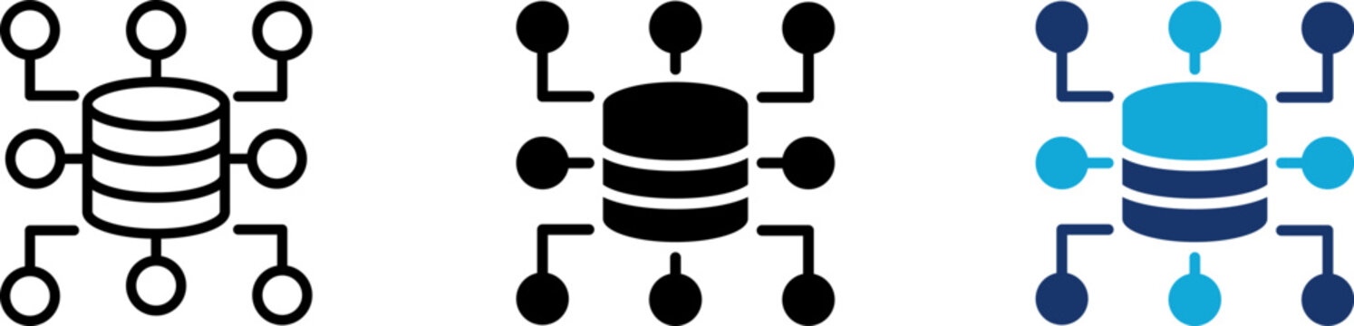 Database network icon set showing professional central data storage server tower connected to distributed information node points for big data center analytics cloud hosting and system infrastructure