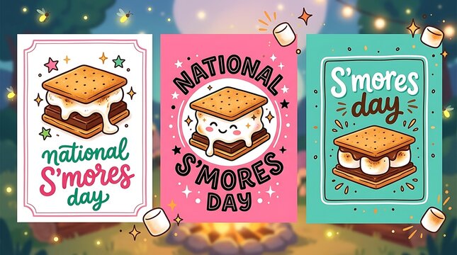 Flat lay of colorful marshmallow s'mores celebration dessert cards on sparkly background