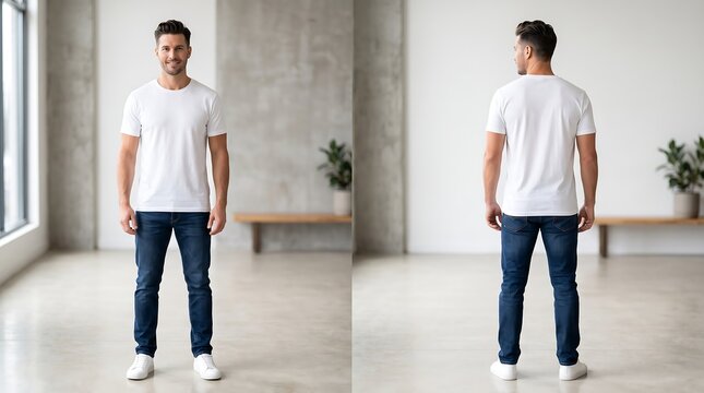 Handsome young man wearing a blank white t-shirt and slim fit blue denim jeans in a front and back view studio mockup