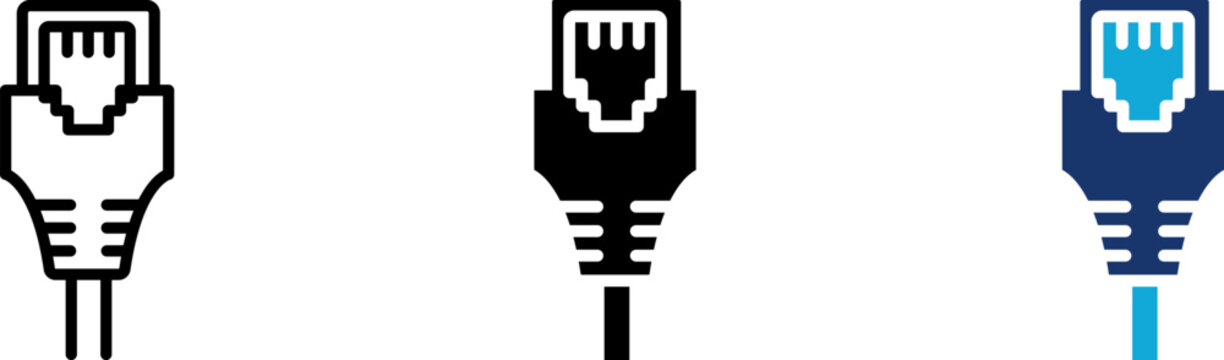 Network cable icon set showing professional rj45 ethernet plug connector for local area network lan internet broadband router connection hardware and data transfer wire