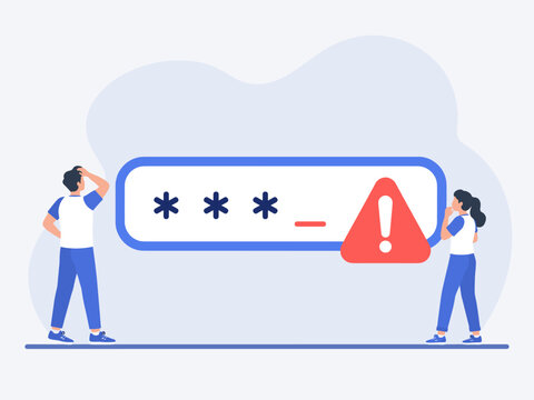 Password Security Illustration Concept, Detecting Weak Credentials That Can Increase Security Risk, Oversized Password Field With Warning Icon and People Checking Weak Password, Flat Vector Illustrati