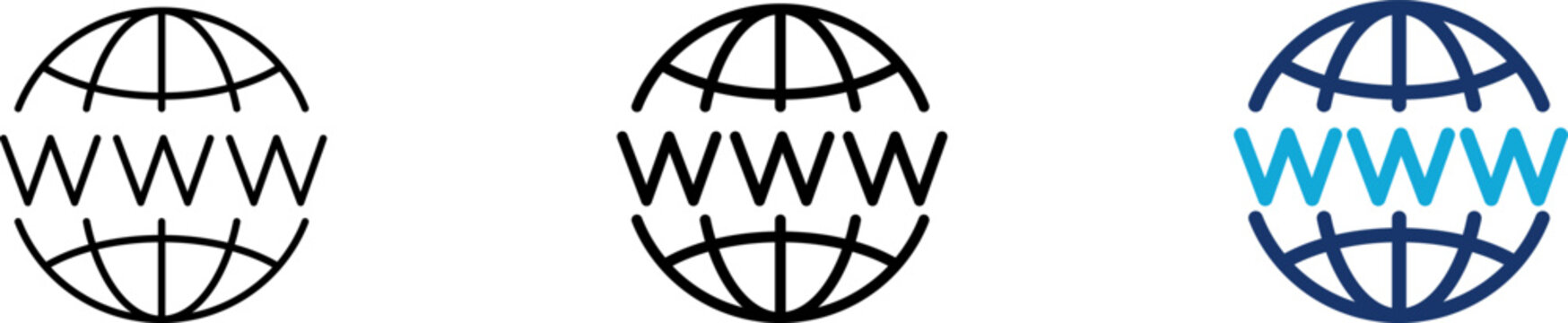 Web icon set showing professional world wide web globe with www domain text for internet network website URL link browser access and global online connection line graphics