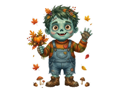Cute cartoon zombie boy with autumn leaves and pumpkin.