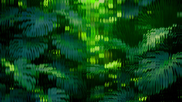 Abstract green digital binary code background with glowing data stream pattern.