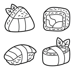 A set of four hand-drawn black and white sushi featuring various traditional japanese rolls and nigiri © Khalek