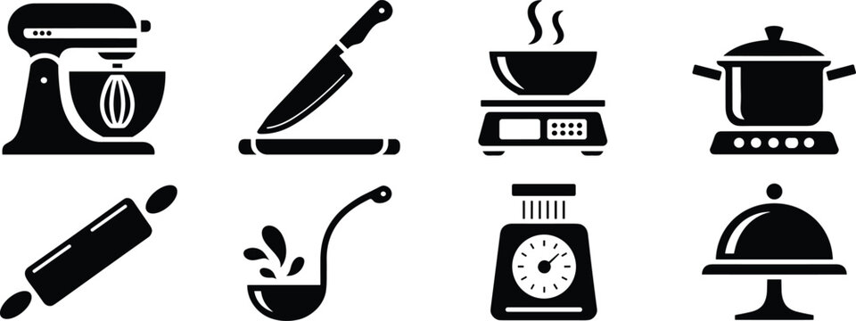 Professional kitchen equipment and cooking utensil silhouettes including mixer, knife, pot, ladle, rolling pin, scale, and cloche for culinary design and restaurant branding