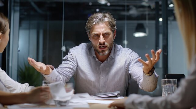 Man gestures angrily at meeting table