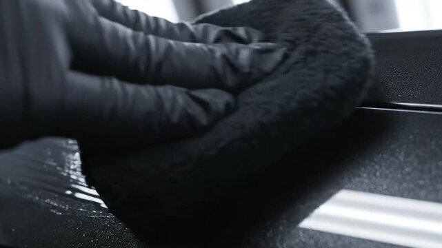 Close-up of hand polishing car surface with dark cloth, automotive detailing, paint care.