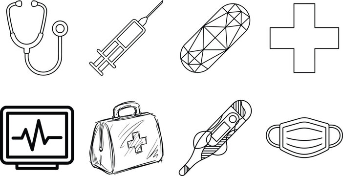 Medical and Healthcare Outline Icon Set Featuring Stethoscope Syringe First Aid Kit and Heart Rate Monitor