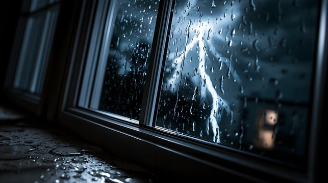 Gewaltiger Blitz vor einem regennassen Fenster w&auml;hrend eines schweren Gewitters bei Nacht