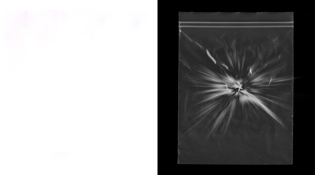 Transparent plastic zip bag texture on black background, wrinkled polyethylene pouch mockup, clear polythene storage bag with light reflections