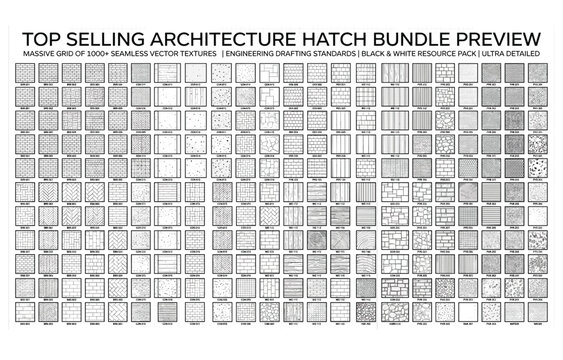 Architecture hatch bundle preview, massive grid of 1000+ seamless vector textures, engineering drafting standards black and white resource pack