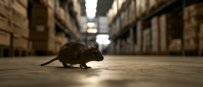 Rodent exploring warehouse filled with stacked boxes during daytime