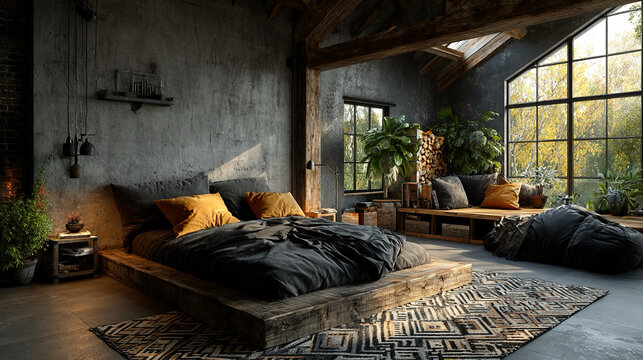 Contemporary loft bedroom with concrete walls metal bed frame geometric rug warm wood accents urban minimalist interior natural daylight AI-generated home design render