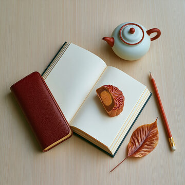 Open Notebook with Mooncake, Teapot and Autumn Leaf Flat Lay