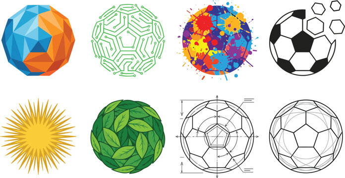 Abstract sphere and geometric ball collection featuring polygon, wireframe, soccer ball, leaf texture, paint splash, and modern circular design elements