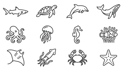 Sea creatures icons set ocean animals 11. © miftah