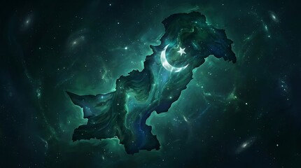 Fototapeta premium Pakistan map shaped like landmass against a cosmic starry night sky background