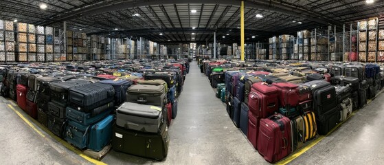 Naklejka premium Large warehouse filled with many suitcases and bags stacked in various rows during daylight hours