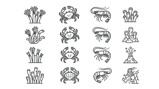 Seafood icons including crustaceans and seaweed.
