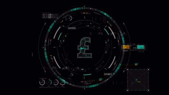 Motion graphic of a futuristic hud interface featuring the letter f and sci-fi graphics with an alpha channel included, designed for technology overlay and corporate videos.