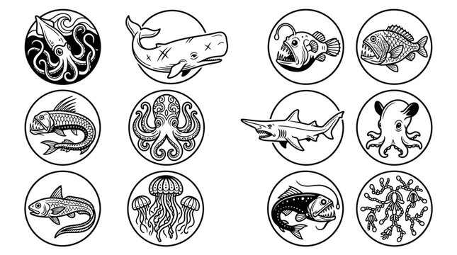 Black and white ocean animal icons.