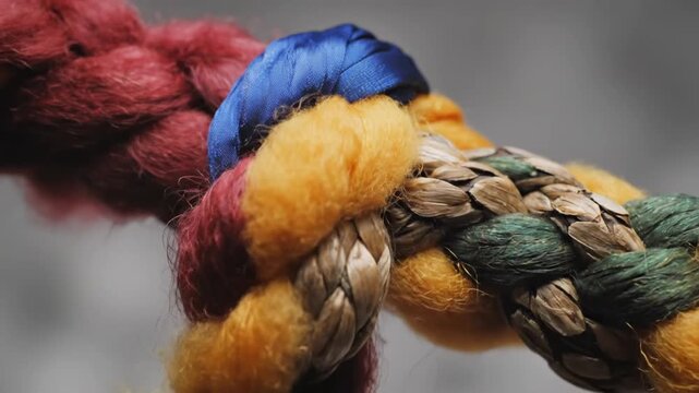 Close-up macro shot of a complex knot made of colorful ropes and threads, symbolizing connection and unity.