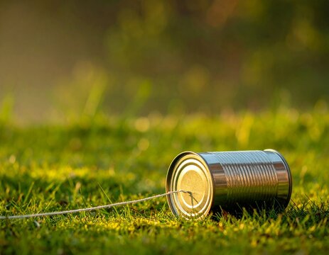 Childhood tin can telephone resting on green grass for nostalgic friendship and communication concepts.