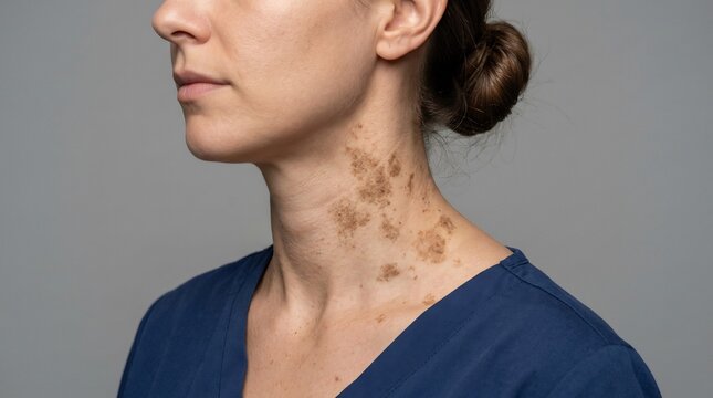 Close-up profile of an adult woman with brown skin pigmentation on her neck wearing blue medical scrubs