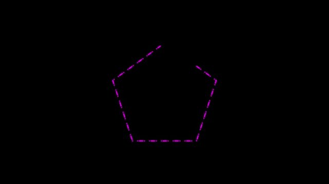 Neon purple dashed pentagon shape outline animation on black background,4k video.