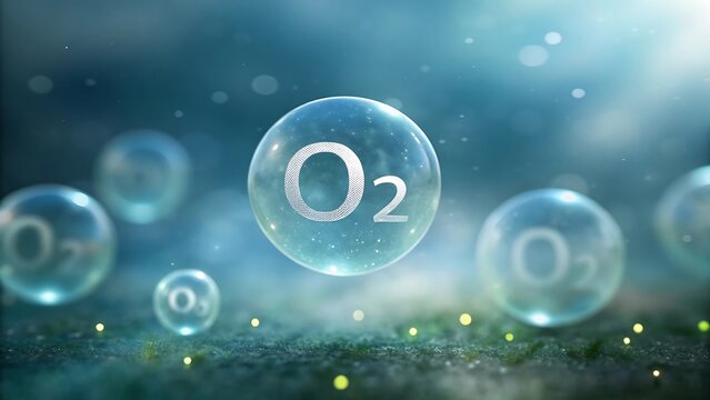 Macro 3D render of oxygen molecules floating in an abstract blue environment representing clean air