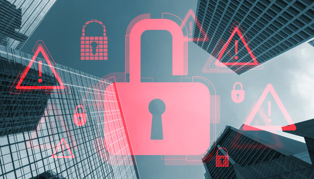 Red hologram security alert icons with an open padlock layered over modern skyscraper background showing a digital risk and warning concept.