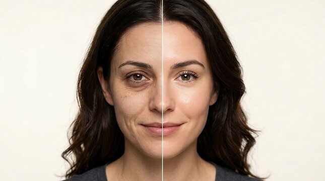 Split screen beauty portrait of a woman comparing aged skin with wrinkles and smooth youthful skin for dermatology and skincare concepts