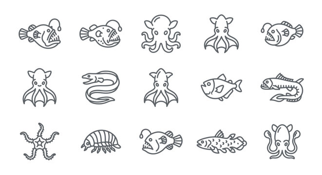 Various sea creatures line drawings 1.