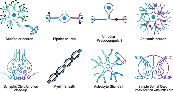 Neuroscience and neuron anatomy collection featuring multipolar, bipolar, unipolar neurons, synapse, myelin sheath, astrocyte glial cell, and spinal cord diagrams