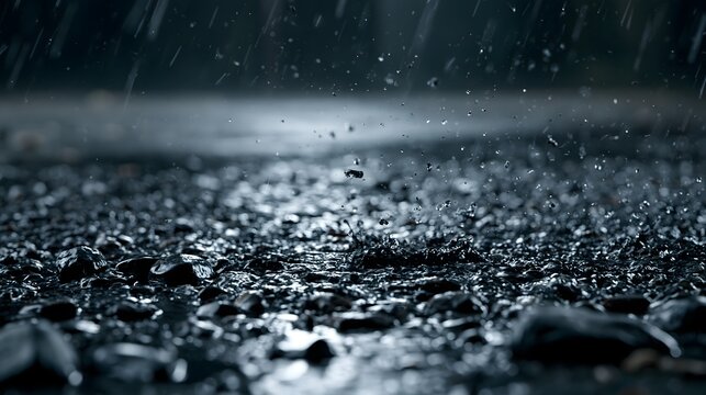 Heftiger Starkregen prasselt auf nassen Asphalt mit dramatischen Wasserspritzern in Nahaufnahme