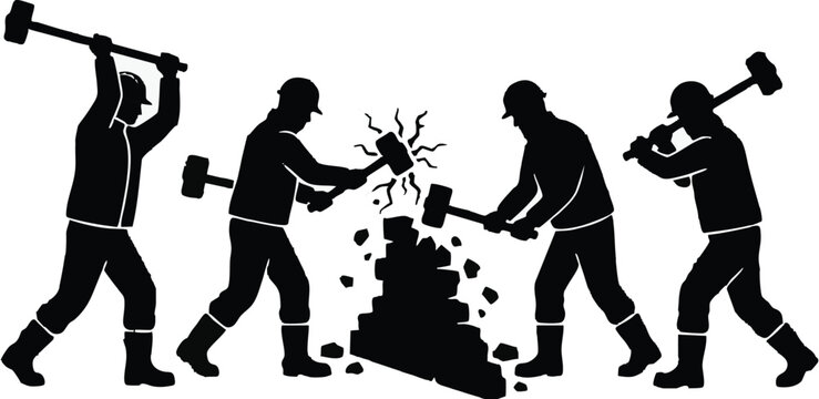 Construction workers use heavy sledgehammers to break apart a large concrete structure during a demolition project in this bold black silhouette graphic.