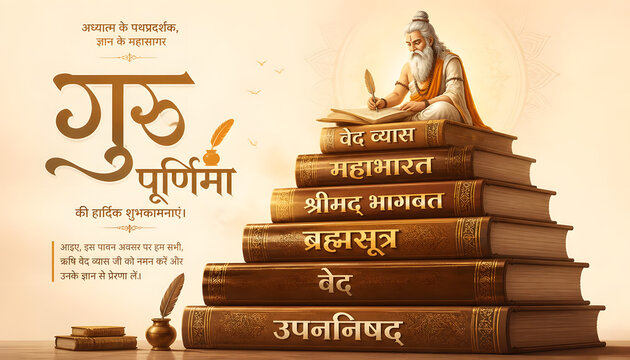 Guru Purnima Maharishi Ved Vyasa writing sacred scriptures above ancient knowledge books celebration design