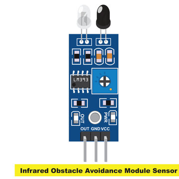 High-quality vector illustration of an infrared obstacle avoidance sensor module featuring an IR transmitter, IR receiver, and LM393 comparator chip, isolated on a white background. 