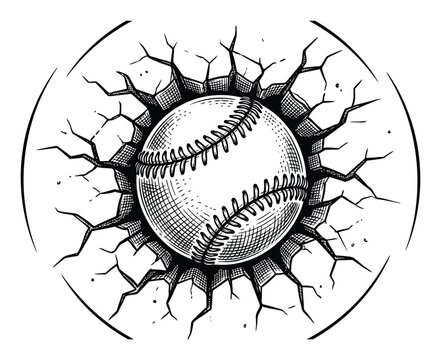A black and white of a baseball smashing through a cracked wall surface in a circular frame