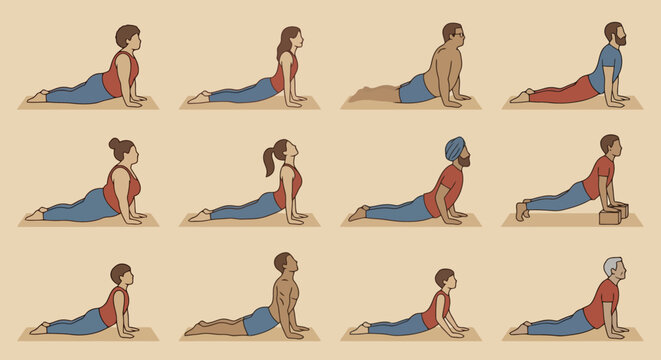 Diverse women performing cobra pose yoga exercise on mats illustration