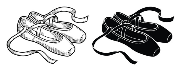 A pair of ballet pointe shoes shown in both detailed line and solid black silhouette styles for dance © Sultana